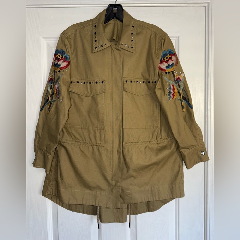PINKO Tobacco Khaki Embroidered Studded Twill Utility Drawstring Zip Jacket 2 XS